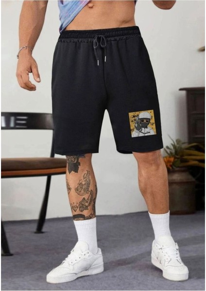 Erkek Siyah Gangsta Baskılı Oversize Şort