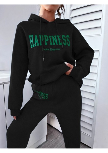 Kadın Happiness Baskılı Oversize Kapüşonlu Takım