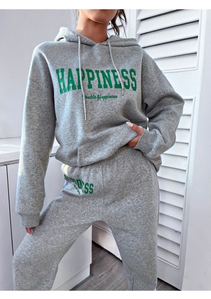 Kadın Happiness Baskılı Oversize Kapüşonlu Takım