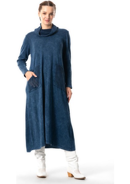 Uzun Kol Sevda Geniş Boğazlı Sonbahar ve Kışlık Cepli Triko Elbise Indigo Indg