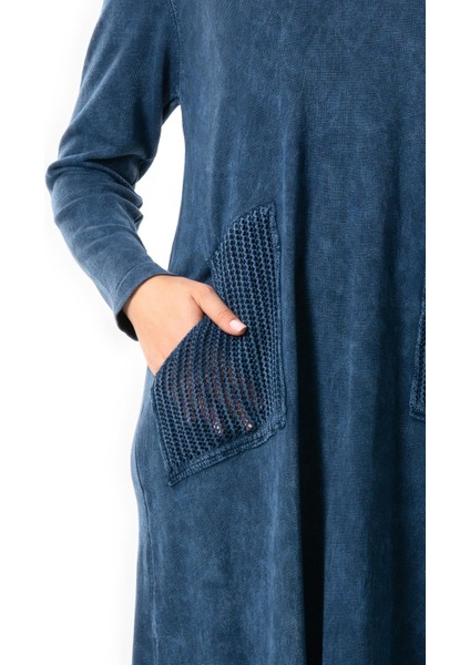 Uzun Kol Sevda Geniş Boğazlı Sonbahar ve Kışlık Cepli Triko Elbise Indigo Indg modelleri