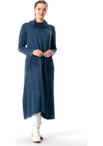 Uzun Kol Sevda Geniş Boğazlı Sonbahar ve Kışlık Cepli Triko Elbise Indigo Indg fırsatları