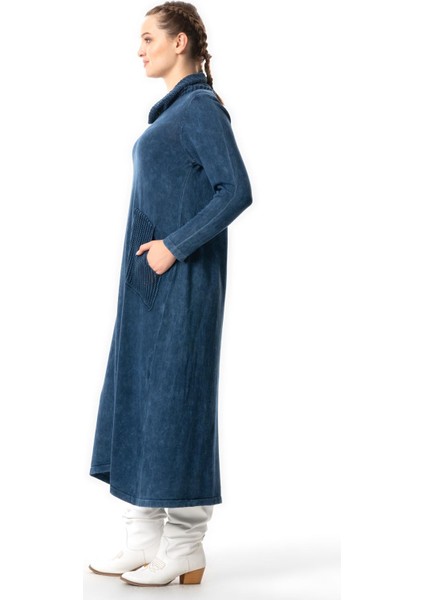 Uzun Kol Sevda Geniş Boğazlı Sonbahar ve Kışlık Cepli Triko Elbise Indigo Indg indirimleri