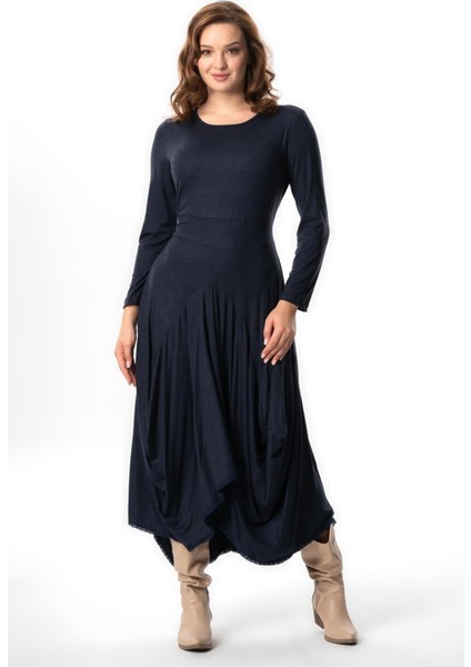 Uzun Kol Atlas Sonbahar ve Kışlık Asimetrik Kesim Otantik Uzun Yünlü Viskon Elbise Lacivert Lcvt