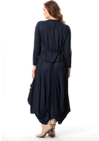 Uzun Kol Atlas Sonbahar ve Kışlık Asimetrik Kesim Otantik Uzun Yünlü Viskon Elbise Lacivert Lcvt fiyatları