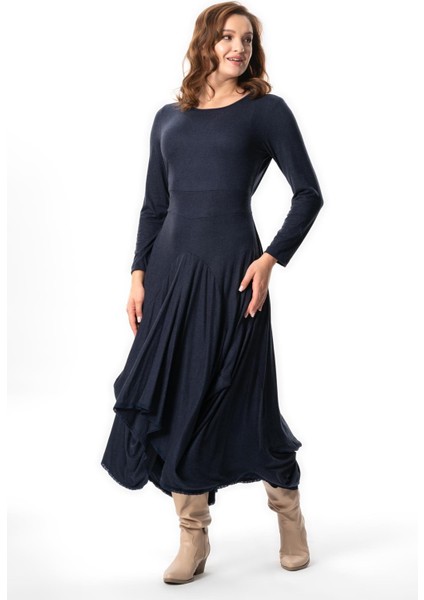 Uzun Kol Atlas Sonbahar ve Kışlık Asimetrik Kesim Otantik Uzun Yünlü Viskon Elbise Lacivert Lcvt modelleri
