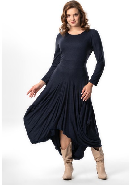 Uzun Kol Atlas Sonbahar ve Kışlık Asimetrik Kesim Otantik Uzun Yünlü Viskon Elbise Lacivert Lcvt fırsatları