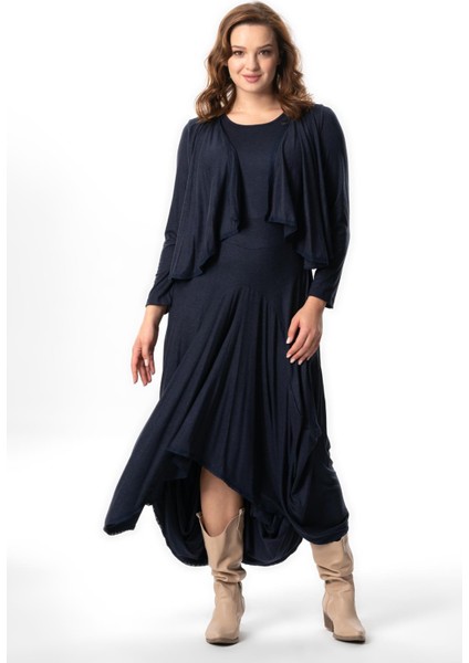 Uzun Kol Atlas Sonbahar ve Kışlık Asimetrik Kesim Otantik Uzun Yünlü Viskon Elbise Lacivert Lcvt indirimleri