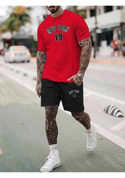 Erkek Kırmızı New York 19 Baskılı Şort T-Shirt Takım