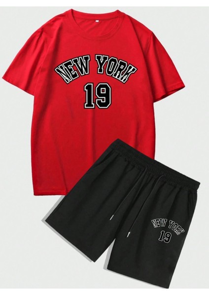 Erkek Kırmızı New York 19 Baskılı Şort T-Shirt Takım modelleri