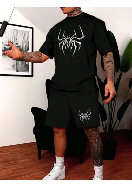 Erkek Siyah Örümcek Baskılı Şort T-Shirt Takım