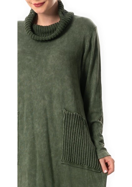 Uzun Kol Sevda Geniş Boğazlı Sonbahar ve Kışlık Cepli Triko Elbise Haki Hk modelleri