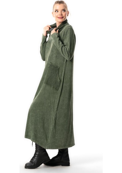 Uzun Kol Sevda Geniş Boğazlı Sonbahar ve Kışlık Cepli Triko Elbise Haki Hk fırsatları