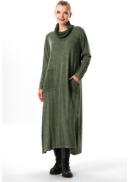 Uzun Kol Sevda Geniş Boğazlı Sonbahar ve Kışlık Cepli Triko Elbise Haki Hk indirimleri