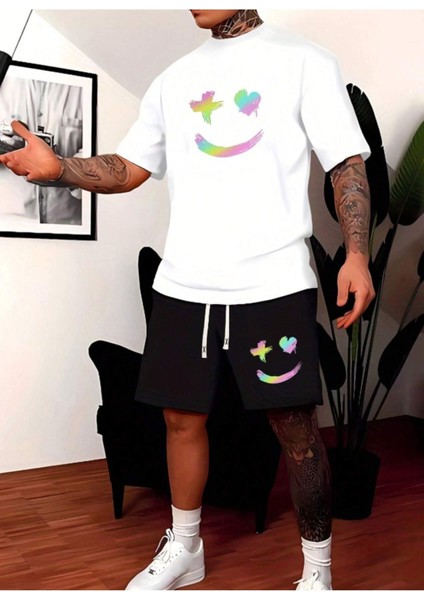 Erkek Siyah Gülen Yüz Baskılı Şort T-Shirt Takım