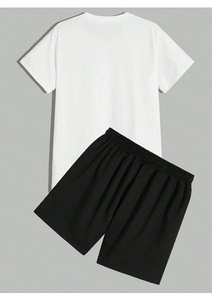 Erkek Siyah Gülen Yüz Baskılı Şort T-Shirt Takım fiyatları