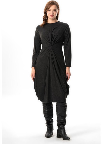 Uzun Kol Athena Düğüm Detaylı Sonbahar ve Kışlık Midi Boy Otantik Yünlü Viskon Elbise Gri Gri