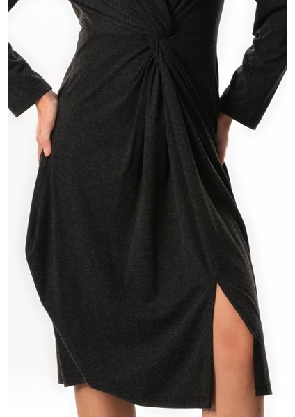 Uzun Kol Athena Düğüm Detaylı Sonbahar ve Kışlık Midi Boy Otantik Yünlü Viskon Elbise Gri Gri fırsatları