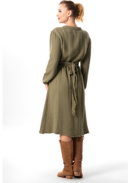 Uzun Kol Kıvılcım V Yaka Sonbahar ve Kışlık Nakışlı Kısa Double Müslin Elbise Haki Hk fiyatları