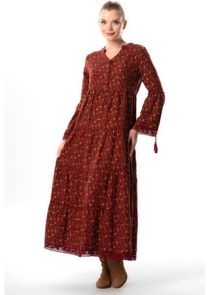 Uzun Kol Seçil Pazen Sonbahar ve Kışlık Uzun Elbise Papatya Desen Bordo Brd