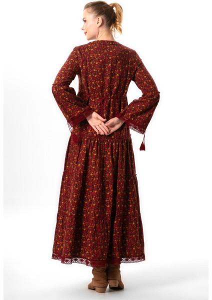 Uzun Kol Seçil Pazen Sonbahar ve Kışlık Uzun Elbise Papatya Desen Bordo Brd fiyatları