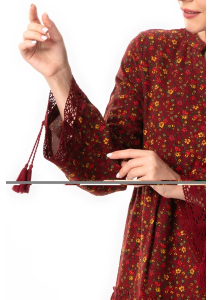 Uzun Kol Seçil Pazen Sonbahar ve Kışlık Uzun Elbise Papatya Desen Bordo Brd modelleri