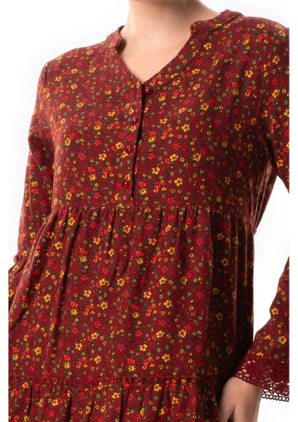 Uzun Kol Seçil Pazen Sonbahar ve Kışlık Uzun Elbise Papatya Desen Bordo Brd fırsatları