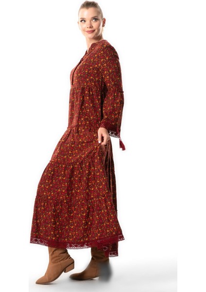 Uzun Kol Seçil Pazen Sonbahar ve Kışlık Uzun Elbise Papatya Desen Bordo Brd indirimleri