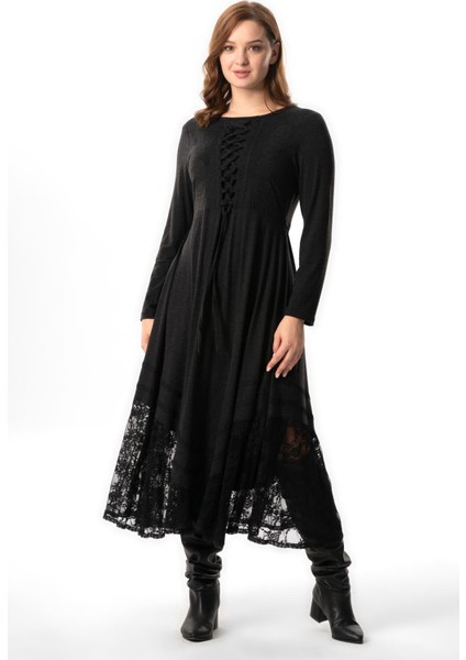 Uzun Kol Karsu Bağlama Detaylı Sonbahar ve Kışlık Dantelli Asimetrik Kesim Uzun Yünlü Viskon Elbise Gri Gri