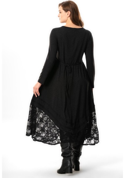 Uzun Kol Karsu Bağlama Detaylı Sonbahar ve Kışlık Dantelli Asimetrik Kesim Uzun Yünlü Viskon Elbise Gri Gri fiyatları