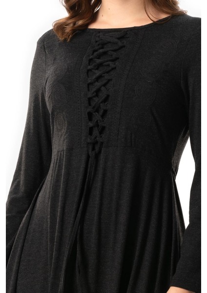 Uzun Kol Karsu Bağlama Detaylı Sonbahar ve Kışlık Dantelli Asimetrik Kesim Uzun Yünlü Viskon Elbise Gri Gri modelleri