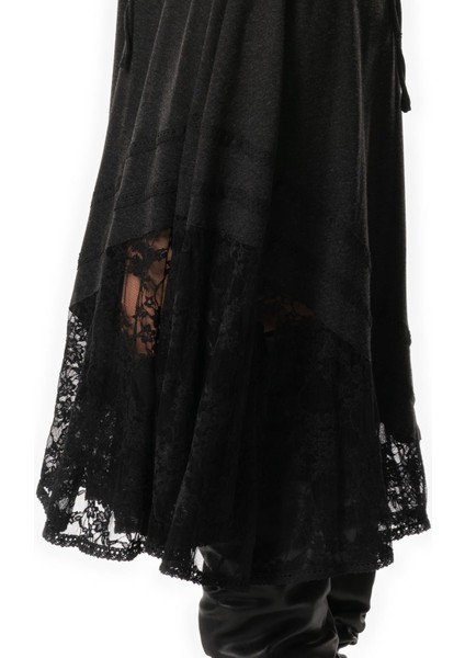 Uzun Kol Karsu Bağlama Detaylı Sonbahar ve Kışlık Dantelli Asimetrik Kesim Uzun Yünlü Viskon Elbise Gri Gri fırsatları