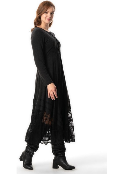 Uzun Kol Karsu Bağlama Detaylı Sonbahar ve Kışlık Dantelli Asimetrik Kesim Uzun Yünlü Viskon Elbise Gri Gri indirimleri