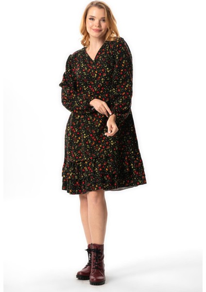 Uzun Kol Evren Pazen V Yaka Sonbahar ve Kışlık Çiçek Desen Fırfırlı Kısa Elbise Siyah Syh