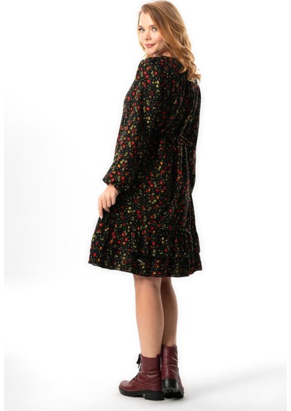 Uzun Kol Evren Pazen V Yaka Sonbahar ve Kışlık Çiçek Desen Fırfırlı Kısa Elbise Siyah Syh fiyatları