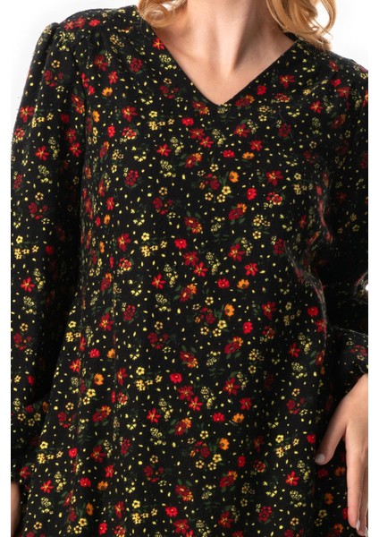 Uzun Kol Evren Pazen V Yaka Sonbahar ve Kışlık Çiçek Desen Fırfırlı Kısa Elbise Siyah Syh modelleri