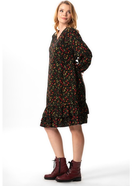 Uzun Kol Evren Pazen V Yaka Sonbahar ve Kışlık Çiçek Desen Fırfırlı Kısa Elbise Siyah Syh fırsatları