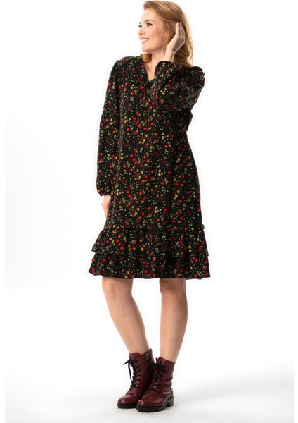Uzun Kol Evren Pazen V Yaka Sonbahar ve Kışlık Çiçek Desen Fırfırlı Kısa Elbise Siyah Syh indirimleri