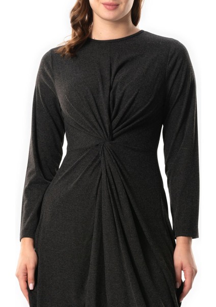 Uzun Kol Athena Düğüm Detaylı Sonbahar ve Kışlık Midi Boy Otantik Yünlü Viskon Elbise Gri Gri indirimleri