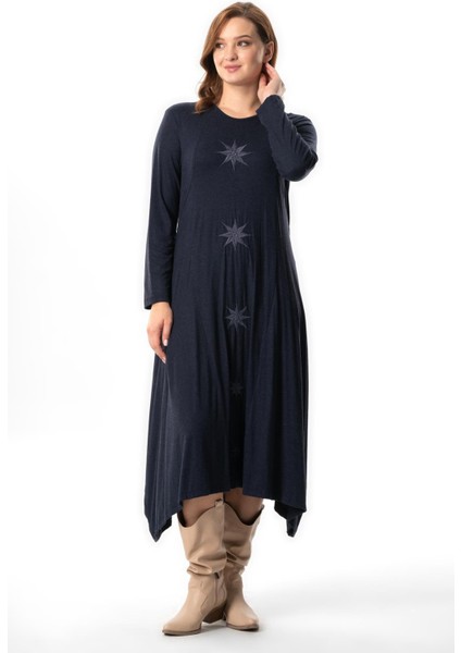 Uzun Kol Atlantis Sonbahar ve Kışlık Nakışlı Uzun Yünlü Viskon Elbise Lacivert Lcvt