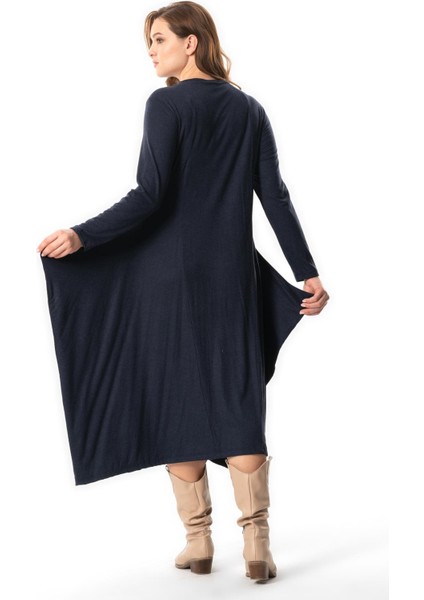 Uzun Kol Atlantis Sonbahar ve Kışlık Nakışlı Uzun Yünlü Viskon Elbise Lacivert Lcvt modelleri