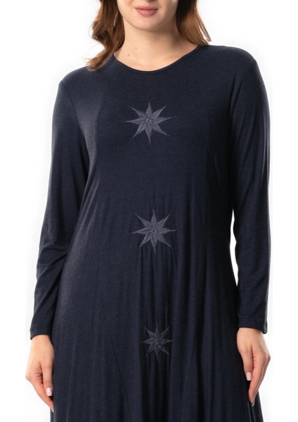 Uzun Kol Atlantis Sonbahar ve Kışlık Nakışlı Uzun Yünlü Viskon Elbise Lacivert Lcvt fırsatları