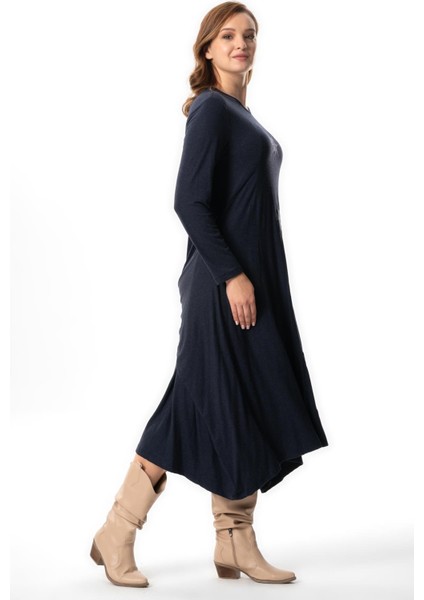 Uzun Kol Atlantis Sonbahar ve Kışlık Nakışlı Uzun Yünlü Viskon Elbise Lacivert Lcvt indirimleri