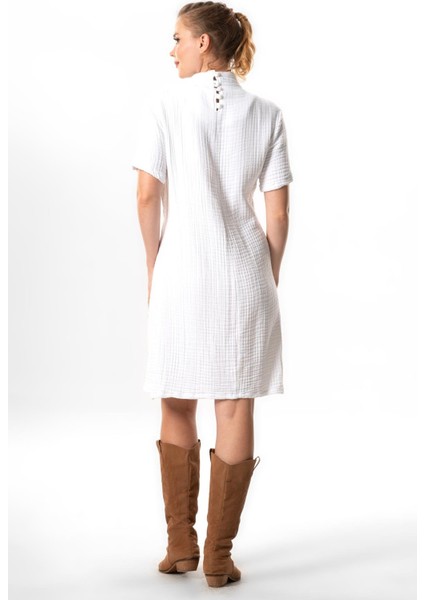 Kısa Kol Gizem Yarım Boğazlı Sonbahar ve Kışlık Lastikli Midi Boy Double Müslin Elbise Beyaz Byz fiyatları