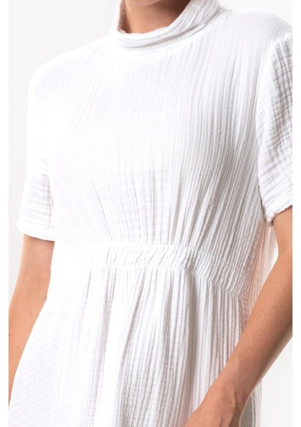 Kısa Kol Gizem Yarım Boğazlı Sonbahar ve Kışlık Lastikli Midi Boy Double Müslin Elbise Beyaz Byz fırsatları