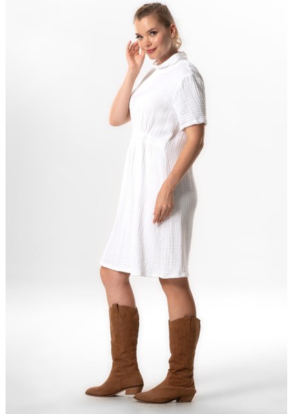 Kısa Kol Gizem Yarım Boğazlı Sonbahar ve Kışlık Lastikli Midi Boy Double Müslin Elbise Beyaz Byz indirimleri