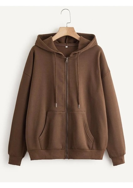 Kadın Kahverengi Fermuarlı Kapüşonlu Hırka