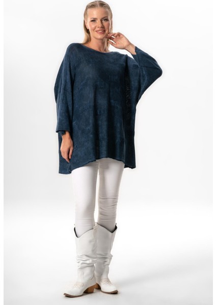 Geniş Kol Hira Sonbahar ve Kışlık Asimetrik Kesim Otantik Triko Bluz Indigo Indg
