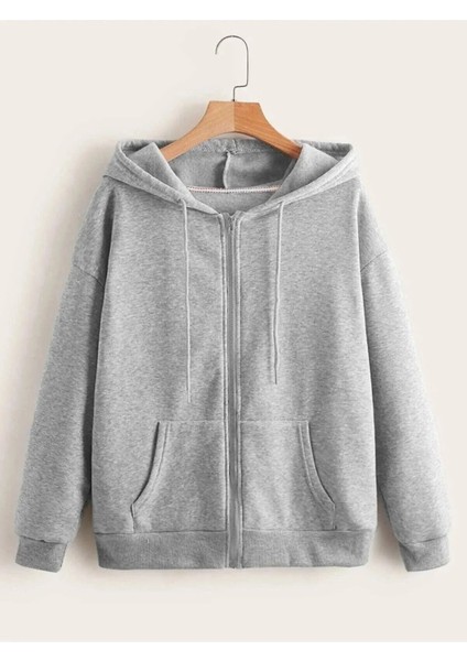 Kadın Gri Fermuarlı Kapüşonlu Hırka