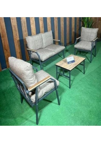 Linda 211 Sehpalı Kahverengi Fermuarlı Bahçe Balkon Takımı, Cafe, Salon - Metal Kanepe Koltuk Takımı